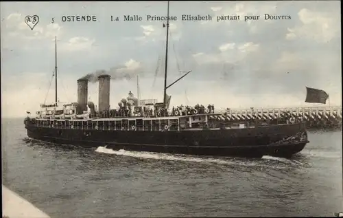 Ak Oostende Ostende Westflandern, Fährschiff Princesse Elisabeth auf der Fahrt nach Dover