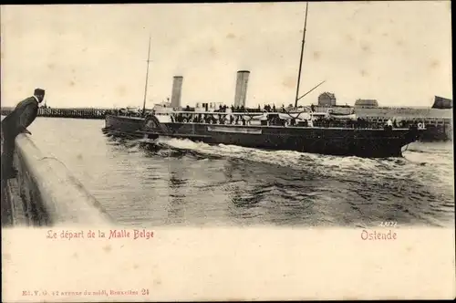 Ak Oostende Ostende Westflandern, belgisches Fährschiff, Abfahrt