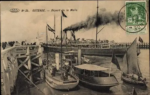 Ak Oostende Ostende Westflandern, Hafen, Fährschiff bei der Abfahrt