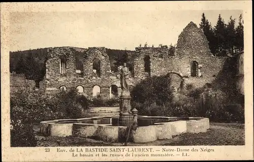 Ak La Bastide Saint-Laurent Lozère, Notre-Dame des Neiges, Le bassin, Ruines de l'ancien monastere