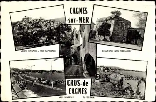 Ak Cagnes sur Mer Alpes Maritimes, Cros de Cagnes, Chateau des Grimaldi, Altstadt, Strand
