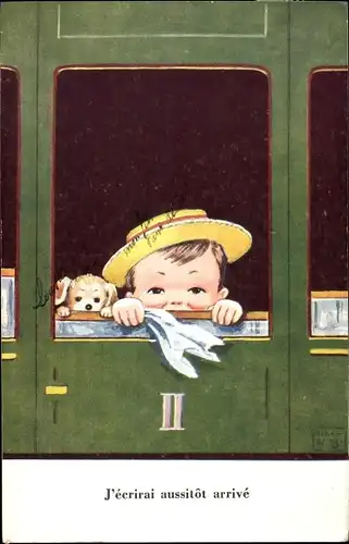 Künstler Ak Wills, John, Kind winkt mit Taschentuch aus Zugfenster, Hund