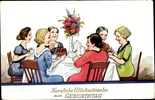 Künstler Ak Scheuermann, Willi, Glückwunsch zum Geburtstag, Frauen an der Kaffeetafel, Kuchen