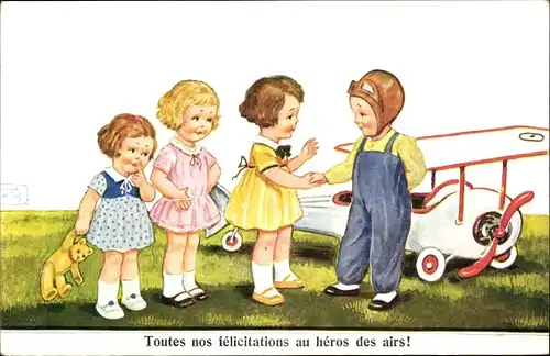 Künstler Ak Wills, John, Junge als Pilot, Flugzeug, Mädchen gratulieren