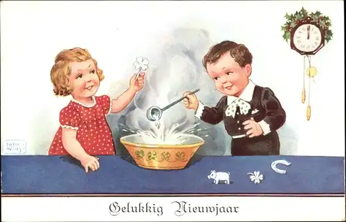 Künstler Ak Wills, John, Fröhliches Neujahr, Kinder beim Bleigießen