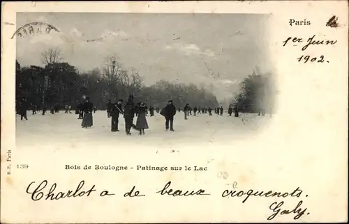 Ak Paris, Bois de Boulogne, Schlittschuhlaufen auf dem See