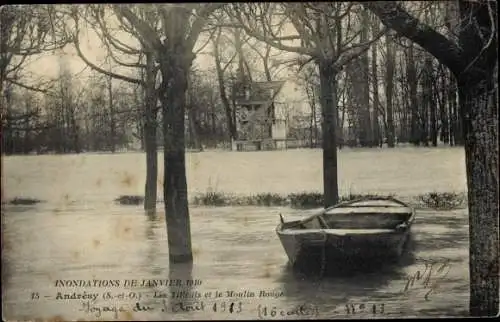 Ak Andrésy Yvelines, Les Tilleuls und die Mühle, Überschwemmungen 1910