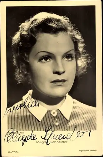 Ak Schauspielerin Magda Schneider, Portrait, Ross Verlag 9785/1, Autogramm