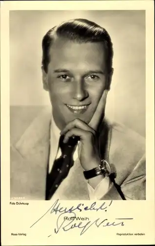 Ak Schauspieler Rolf Weih, Portrait, Krawatte, Armbanduhr, Ross Verlag A 3086 1, Autogramm
