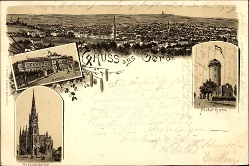 Litho Gera in Thüringen, Panorama, Johanniskirche, Ferberturm, Bahnhof