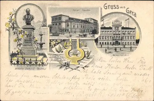 Ak Gera in Thüringen, Theater, Gewerbehaus, Wilhelm Tschirch Denkmal