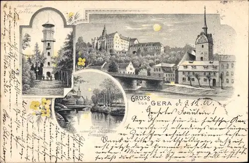 Mondschein Ak Gera in Thüringen, Aussichtsturm bei Ernsee, Schloss Osterstein