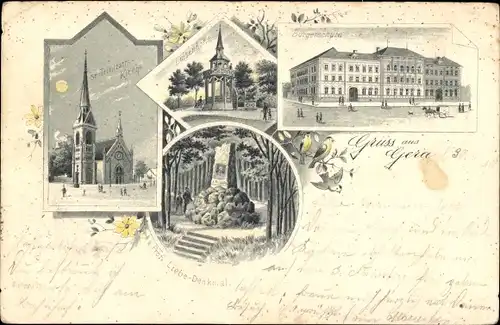 Mondschein Ak Gera in Thüringen, St Trinitatiskirche, Bürgerschule, Denkmal