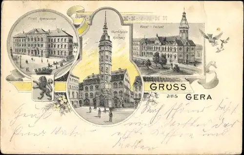 Mondschein Ak Gera in Thüringen, Gymnasium, Hauptpostamt, Ratshaus, Marktplatz