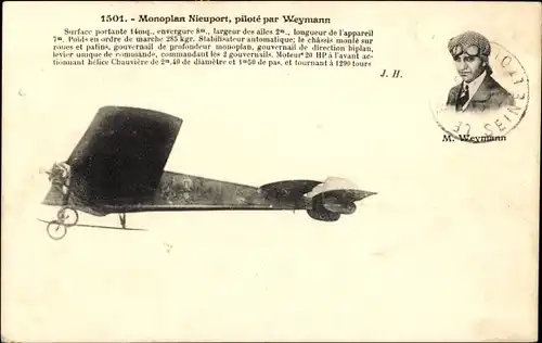 Ak Monoplane Nieuport, geflogen von Weymann, Pilot, Flugpionier