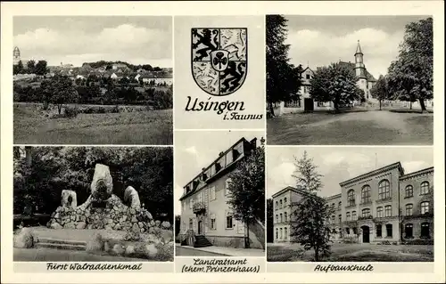 Ak Usingen im Taunus Hessen, Aufbauschule, Fürst Walraddenkmal, Landratsamt, Wappen