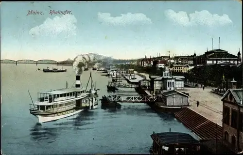 Ak Mainz am Rhein, Rheinufer, Dampfer