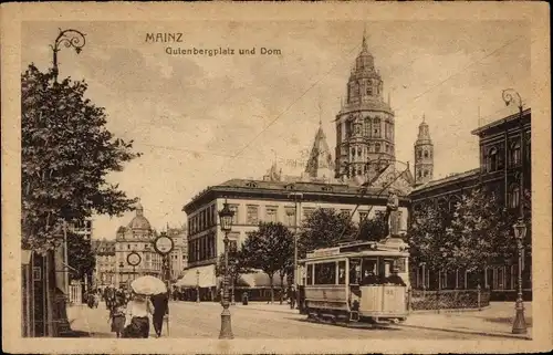 Ak Mainz am Rhein, Gutenbergplatz und Dom, Straßenbahn 38