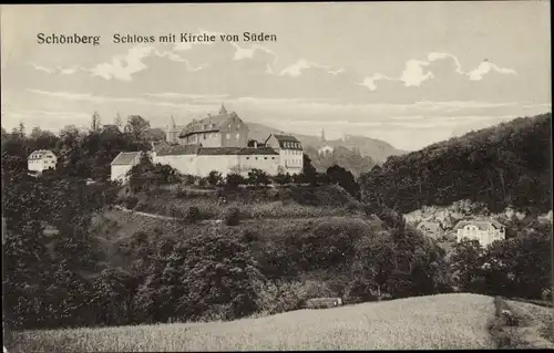 Ak Schönberg Bensheim an der Bergstraße, Schloss, Kirche