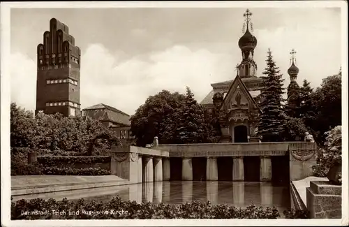 Ak Darmstadt in Hessen, Teich, russische Kirche