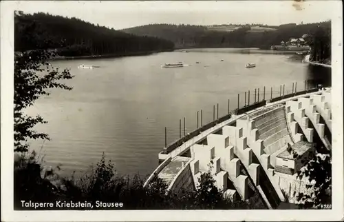 Ak Kriebstein Mittelsachsen, Talsperre aus der Vogelschau, Staubecken