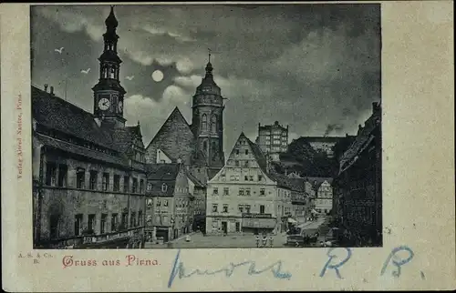 Mondschein Ak Pirna an der Elbe, Kirche, Turm