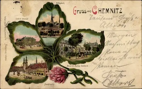 Kleeblatt Litho Chemnitz in Sachsen, Bahnhof, Hauptmarkt, Börse mit Becker-Denkmal, Schlossteich