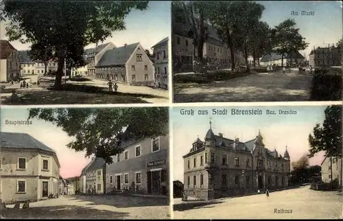 Ak Bärenstein Altenberg im Erzgebirge, Hauptstraße, Geschäft Paul Richter, Rathaus, Markt, Gasthof