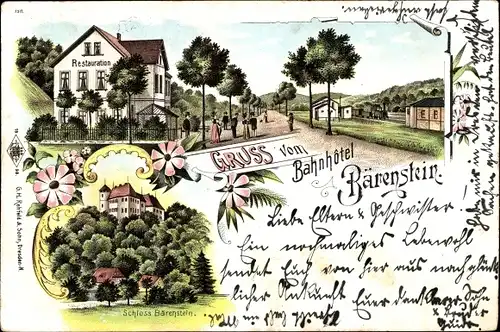Litho Bärenstein Altenberg im Erzgebirge, Bahnhotel Bärenstein, Restauration, Schloss Bärenstein