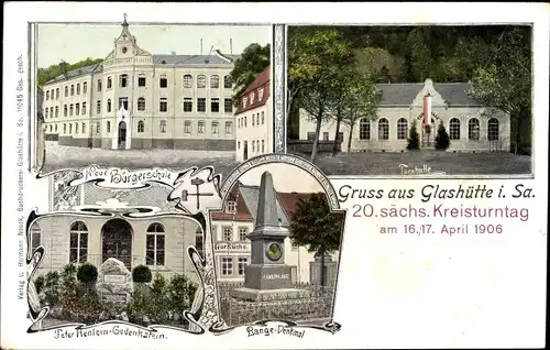 Ak Glashütte in Sachsen, Neue Bürgerschule, Bange-Denkmal, Gedenkstein