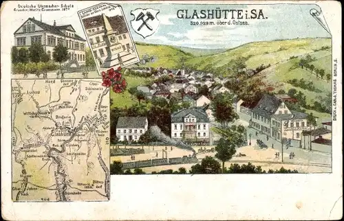 Landkarten Ak Glashütte in Sachsen, Deutsche Uhrmacherschule, Denkmal, Panorama