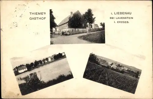 Ak Liebenau Geising Altenberg Erzgebirge, Thiemes Gasthof, Teich