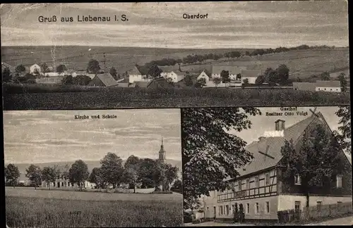 Ak Liebenau Geising Altenberg Erzgebirge, Gasthof von Otto Voigt, Kirche und Schule, Oberdorf