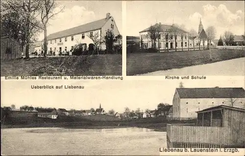 Ak Liebenau Altenberg Erzgebirge, Emilie Mühles Restaurant, Materialwarenhandlung, Kirche, Schule