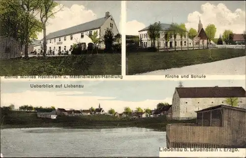 Ak Liebenau Altenberg Erzgebirge, Emilie Mühles Restaurant, Materialwarenhandlung, Kirche, Schule