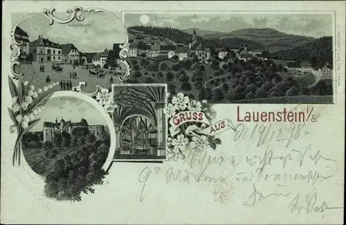 Mondschein Litho Lauenstein Altenberg im Erzgebirge, Schloss, Marktplatz