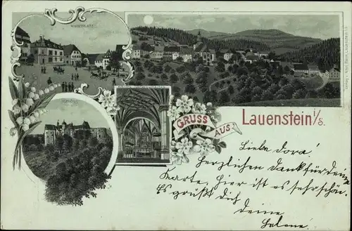 Mondschein Litho Lauenstein Altenberg im Erzgebirge, Schloss, Marktplatz