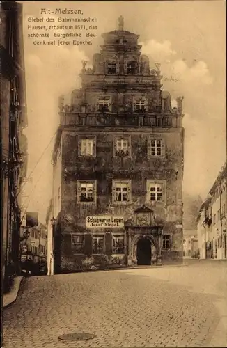 Ak Meißen an der Elbe, Giebel des Bahrmannschen-Hauses, Schuhwaren-Lager