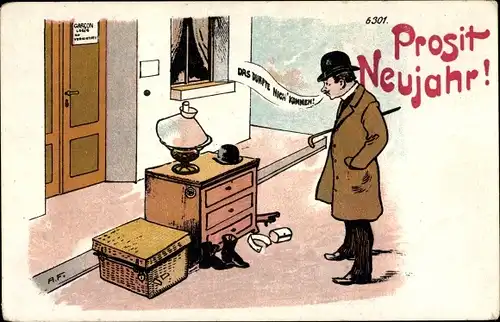 Künstler Ak Glückwunsch Neujahr, Das dürfte nicht kommen, Logis, Bürger & Ottilie 6301