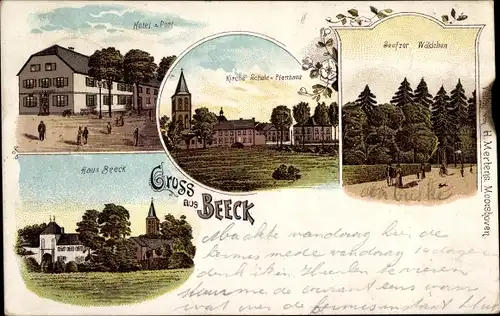 Litho Beeck Duisburg im Ruhrgebiet, Hotel zur Post, Kirche, Schule, Pfarrhaus, Haus Beeck