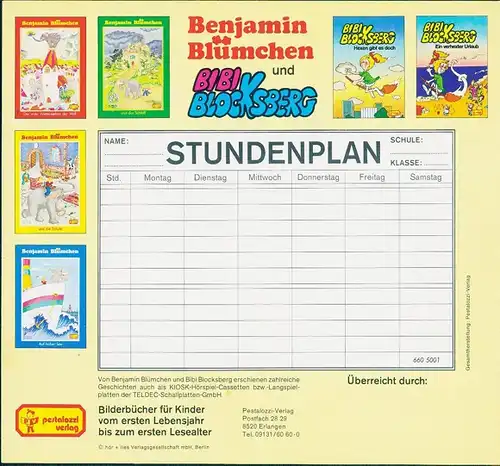 8 Stundenpläne von Benjamin Blümchen, diverse Pläne und Größen