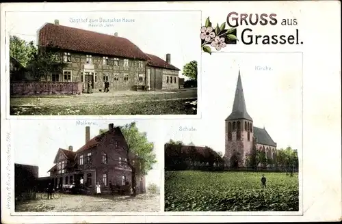 Ak Grassel Meine in Niedersachsen, Gasthof zum Deutschen Haus, Molkerei, Schule, Kirche