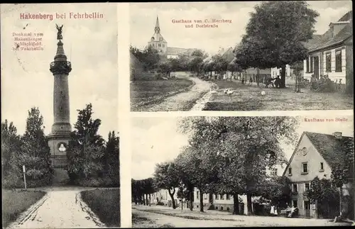 Ak Hakenberg Fehrbellin in Brandenburg, Denkmal, Kaufhaus, Gaststätte