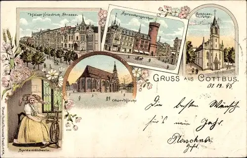 Litho Cottbus in der Niederlausitz, Spreewälderin in Tracht, Schlosskirche, Sprembergertor