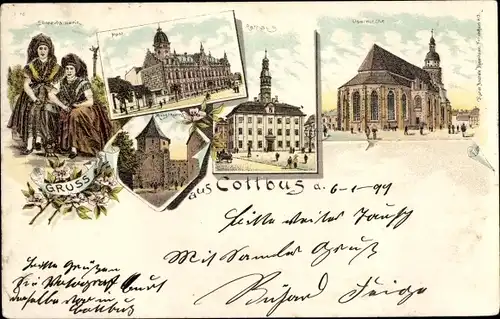 Litho Cottbus in der Niederlausitz, Spreewälderinnen, Post, Rathaus, Oberkirche