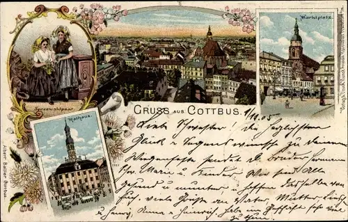 Litho Cottbus in der Niederlausitz, Spreewälderinnen, Rathaus, Marktplatz