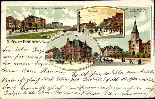 Litho Northeim in Niedersachsen, Marktplatz, Landratsamt, Schulen, Kirche