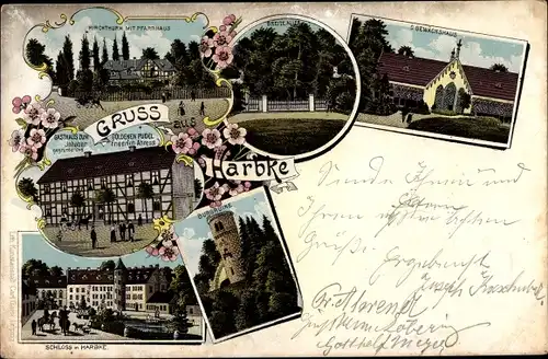 Litho Harbke in Sachsen Anhalt, Kirchturm, Pfarrhaus, Gasthaus Zum goldenen Pudel, Schloss