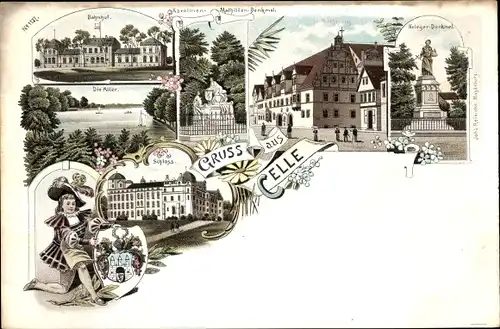 Litho Celle in Niedersachsen, Bahnhof, Rathaus, Schloss, Kriegerdenkmal