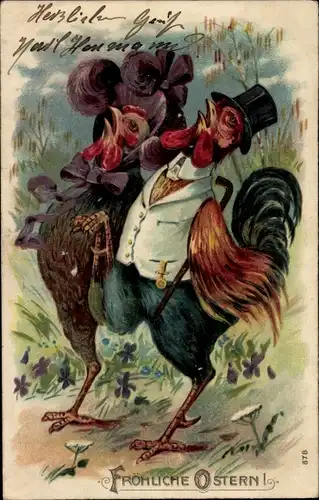 Präge Litho Glückwunsch Ostern, Vermenschlichtes Huhn und Hahn